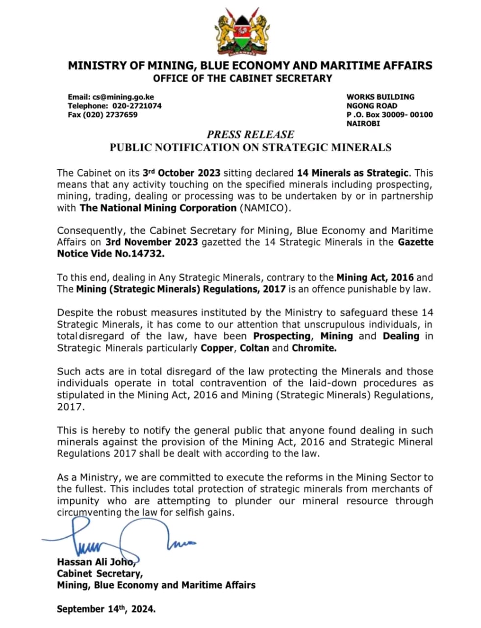 Press Release- Public Notice on Strategic Minerals